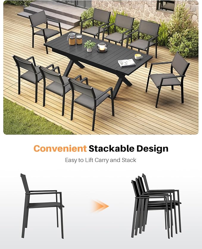 9-Piece Expandable Patio Dining Set, Never-Rust Aluminum Outdoor Dining Table Set for 8, Expandable Dining Table and Stackable Patio Chairs for Deck, Backyard, Garden, Indoor, Black