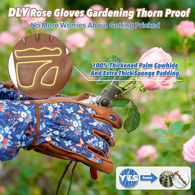 DLY Garden Gloves for Women,Gardening Gloves,Garden Gift for Lady,Brown,S | Thornproof Cowhide Palm, Foam-Padded Grip, Long Blue Floral Print Cuff, 3-Finger Touchscreen, Pruning, Planting & Yard Work