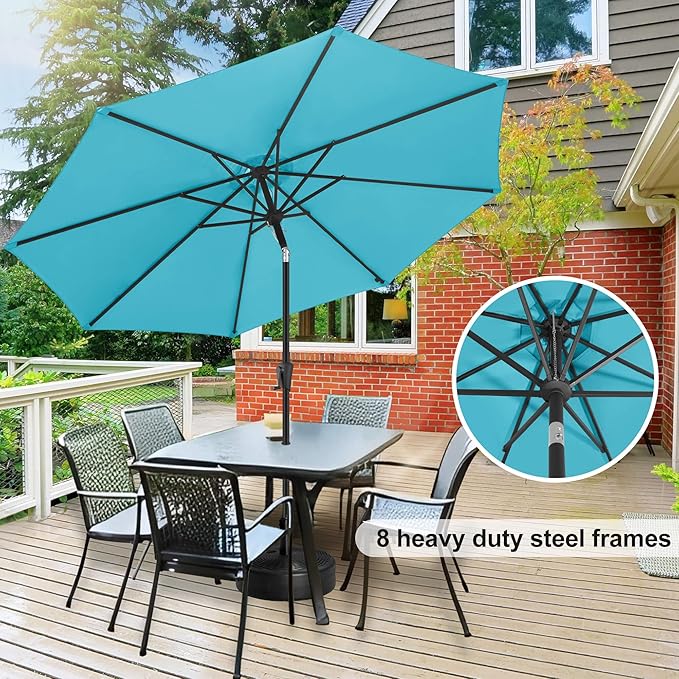 FLAME&SHADE 11 ft Patio Umbrella - Table Umbrella Outdoor with Push Button Tilt and Crank, UV Protection, 8 Sturdy Ribs, Market Umbrella for Garden, Deck, Backyard, Lawn, Pool and Beach(Aquablue)