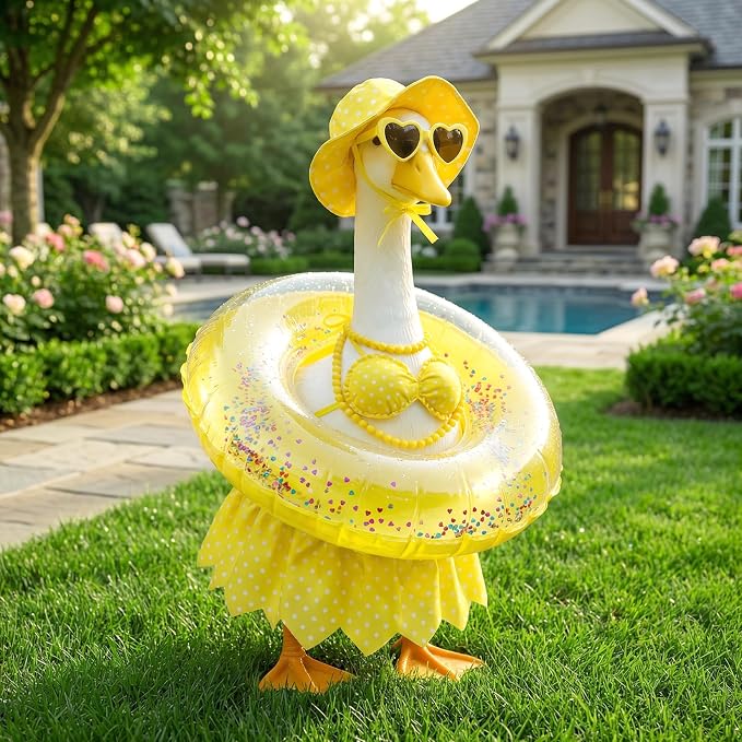 Hawaiian Porch Goose Outfit - Fits 23" Plastic Goose Statue | Yellow Bikini, Swimming Ring, Heart Glasses & Necklace Set - Summer Goose clothes for Lawn, Yard, Garden Decor