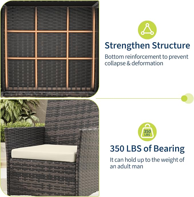 3-Piece Outdoor Furniture Set, PE Rattan Wicker Chairs with Soft Cushions & Tempered Glass Coffee Table - All-Weather Patio Set for Garden, Backyard, Porch, Poolside (Gradient Brown/Beige)