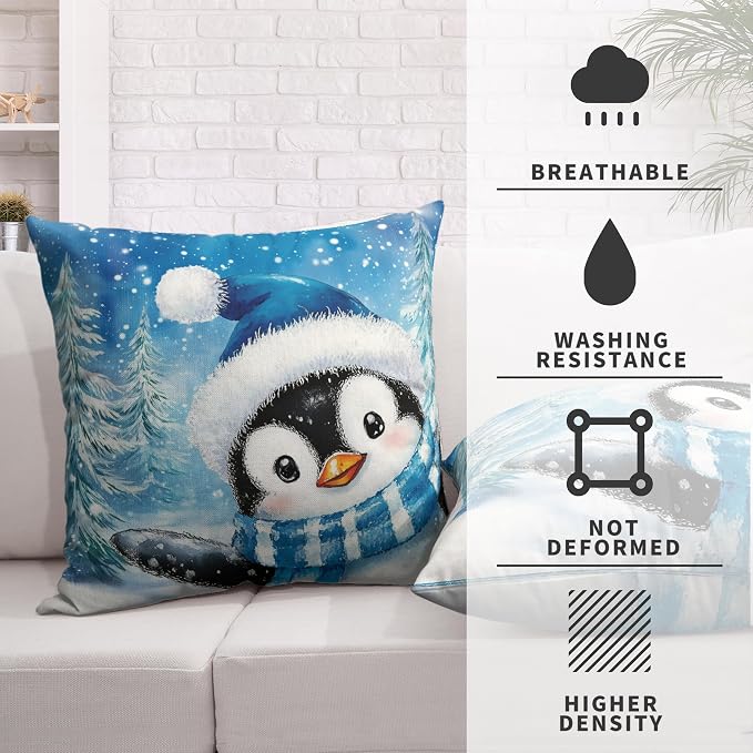 Winter Decorative Pillow Covers 16x16 Penguin Pillow Case Set of 2 Blue Winter Cotton Linen Cushion Case for Holiday Decorations Couch Outdoor Living Room