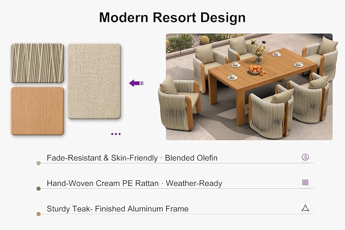 PURPLE LEAF Outdoor Dining Set for 6 with Blended Olefin Cushion Aluminum Luxury Patio Furniture Table and Chairs Set All Weather Wicker Patio Dining Sets for Backyard Garden Deck Poolside, Teak