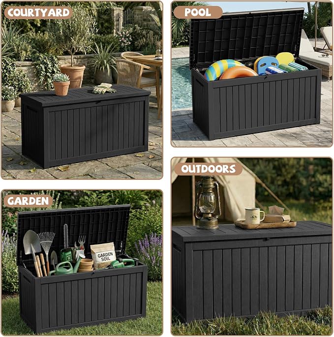 280 Gallon Outdoor Storage Deck Box Waterproof Resin Lockable Outside Bench Porch Patio Furniture Pool Float Garden Tool Cushion UV Resistant Bin Black