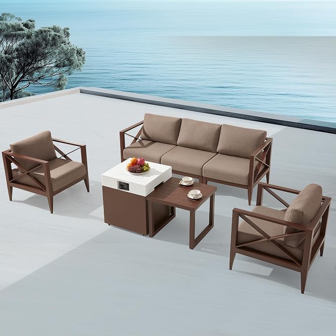 Outdoor Aluminum Patio Furniture Set, 5-Seats Patio Conversation Sofa Set with 37,000 BTU Fire Pit Table w/Glass Wind Guard, All Weather for Pool, Balcony, Garden-Brown
