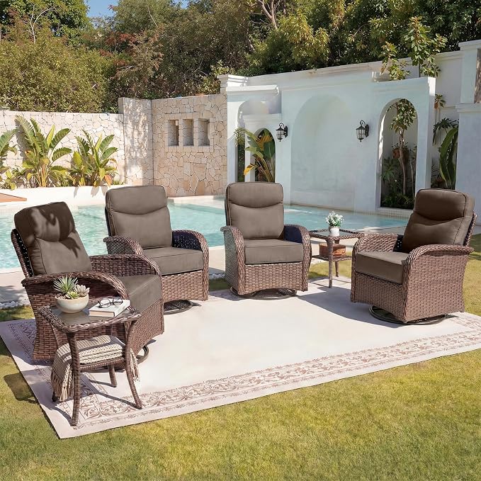 Belord Upgraded 6“ Cushion Luxury 6 Pieces Patio Furniture Set - All Weather Wicker Outdoor Swivel Rocker Patio Chairs of 4 with Side Table, High Back Glider Chairs Set for Deck Porch - Brown/Grey