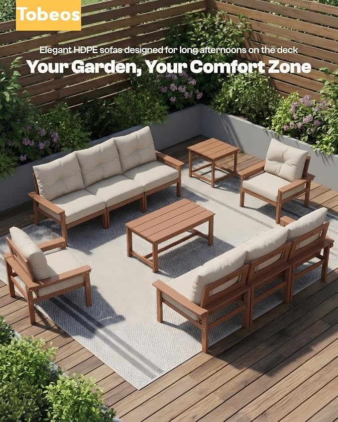 HDPE 7 Piece Patio Furniture Set, All-Weather Outdoor Couch Set with Thick Cushions & Table & Umbrella, Patio Conversation Sets for Lawn, Garden, Porch, Balcony, Deck, Poolside, Teak & Beige