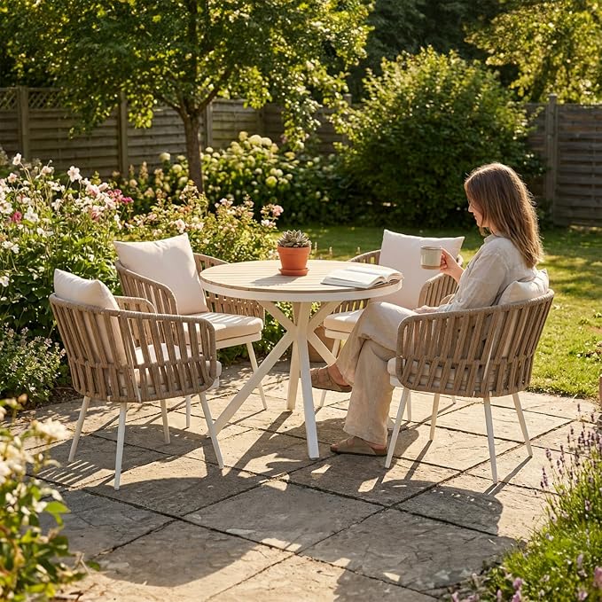 SUNSITT Patio Dining Chairs Set of 2, Outdoor Metal Dining Chairs with Woven Rope, All-Weather Patio Arm Chairs w/Cushions, Porch, Garden, White