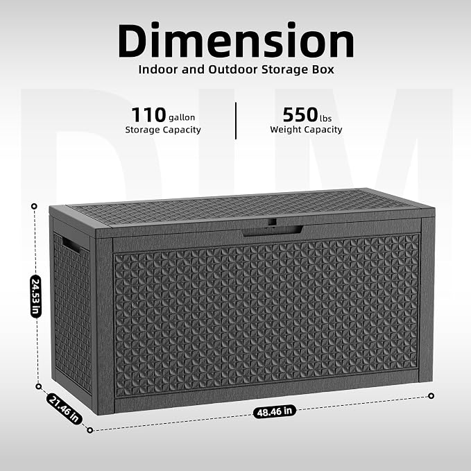 Vixzen 110 Gallon Deck Boxes Outdoor Waterproof, Large Resin Lockable Storage Box with lid for Patio Furniture Cushions, Weatherproof Outdoor Storage Boxes for Garden Tools & Pool Accessories(Black)