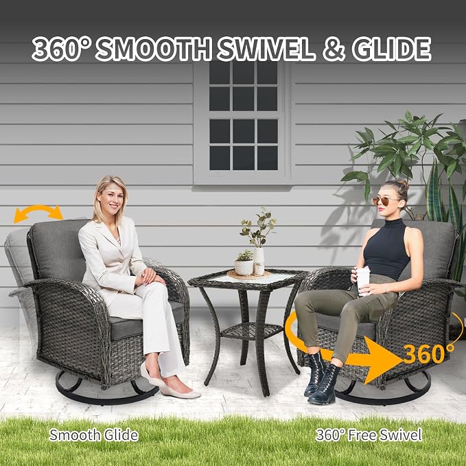 SHGJ&SOFT 3 Piece Patio Furniture Set, 2 Outdoor Swivel Rocking Chairs with Side Table, Wicker Glider Chairs, All-Weather Rattan Bistro Set for Porch, Deck, Pool (Grey, Grey Full-Weave Rattan)