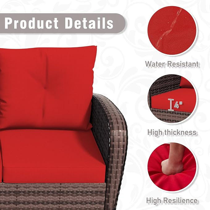 4 Piece Patio Conversation Set - 2 Swivel Chairs 1 Coffee Table 3-Seater Sofa, PE Wicker & Steel Patio Furniture with Heavy-Duty Steel Frame,Weatherproof Cushions, Red