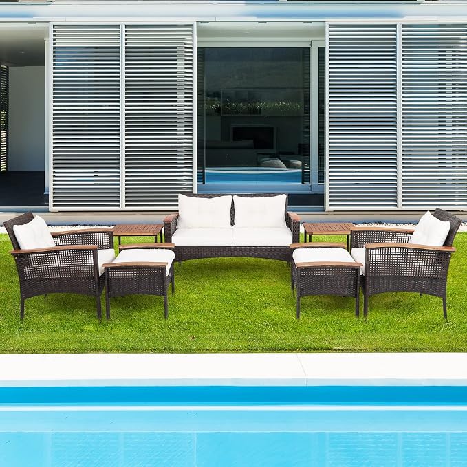 Tangkula 7 Piece Wicker Patio Furniture Set, Patiojoy Acacia Wood Patio Conversation Set with 2 Ottomans and 2 Storage Side Tables with Lower Shelf, Outdoor Cushioned Sectional Sofa Set (Off White)