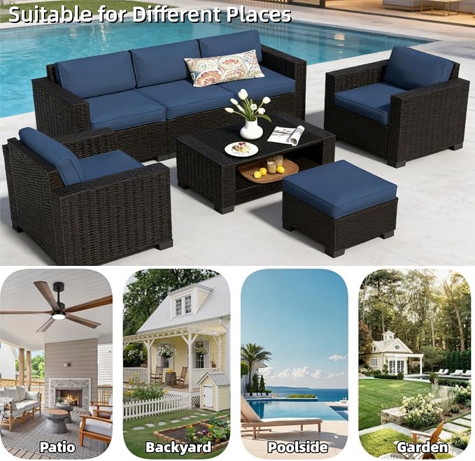 SHGJ&SOFT 7 Piece Outdoor Patio Furniture Set, Wicker Outdoor Sectional Sofa with Washable Cushion Covers and Tempered Glass Table, Rattan Conversation Set for Poolside,Balcony, Porch, Garden