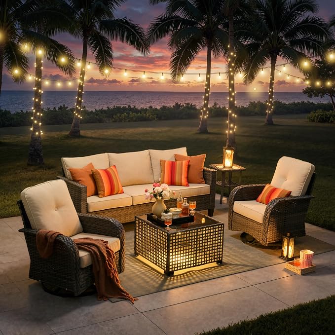 5-Piece Outdoor Patio Furniture Set with Swivel Chairs, Outdoor Conversation Wicker Sofa with Coffee Table, Rattan Couch for Deck, Backyard, Poolside (Beige)