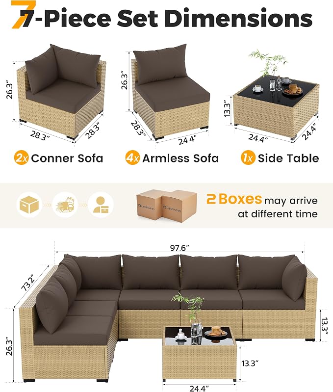 UDPATIO Furniture Set, 7 Piece Sectional Sofas with Wicker Coffee Table, Conversation for Garden, Backyard, Yellow/Brown