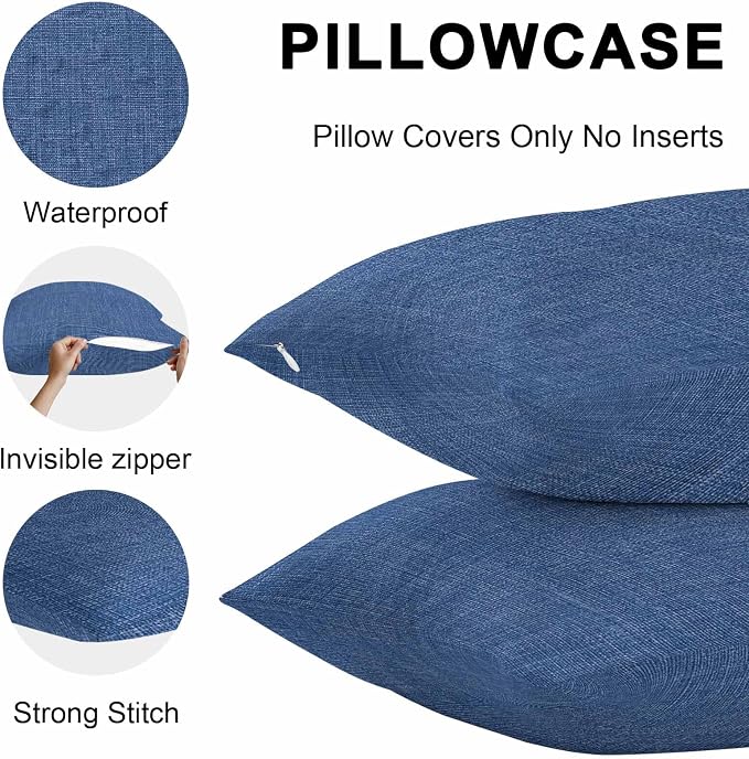 Pack of 2 Waterproof Outdoor Pillow Covers 16x16 Inch Decorative Pillow Covers Navy Blue Throw Pillowcases Vintage Country Monochrome Farmhouse Outdoor Cushion Cover for Couch, Patio, Tent