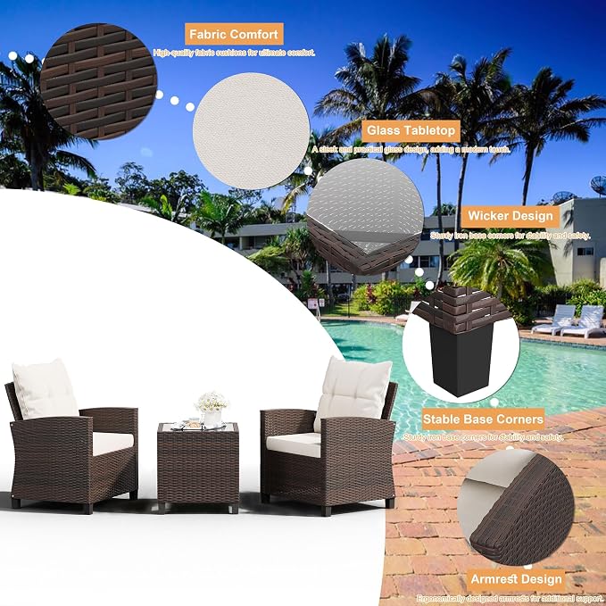 Shintenchi 3 Pieces Patio Furniture Set, PE Rattan Wicker 3 Pcs Patio Set, Outdoor Furniture Set with Two Outdoor Chairs and Table, Conversation Set for Garden, Poolside, Balcony, and Porch(Beige)