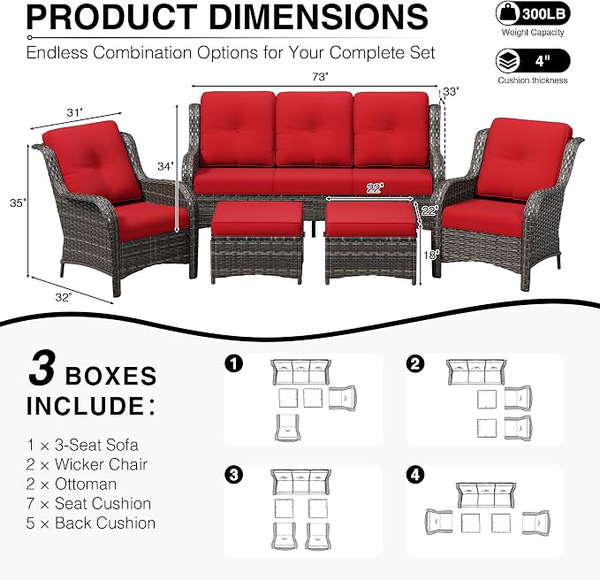 Joyside 5 Piece Wicker Patio Furniture Set, Rattan Patio Chairs with High Back, Deep Seating, Wide Armrest, Thickened Cushions, Outdoor Furniture for Deck, Porch Use
