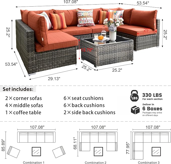 HOOOWOOO Patio Outdoor Sectional Furniture Sofa Set,7 Piece U Shaped Corner Wicker Rattan Couch Set,Rustic 6 Persons Summer Patio Conversation Set for Outside Porch Deck Garden(Orange Red)