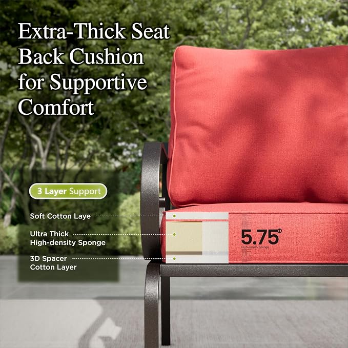 Sophia & William Patio Conversation Set for 7, a Loveseat, 3-Seater Sofa, 2 Fixed Chairs and a Coffee Table, Metal Outdoor Furniture with 5.75" Extra Thick Cushions, Red