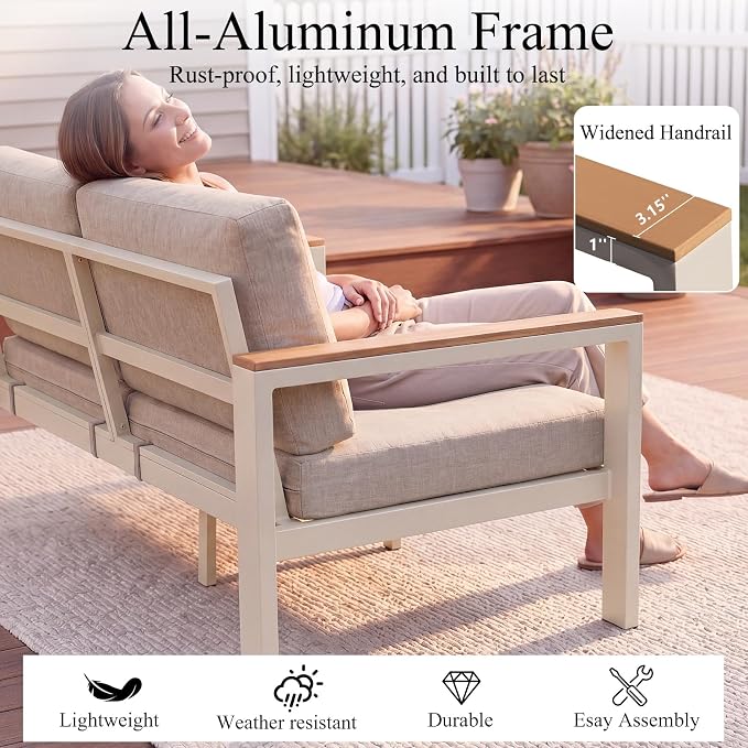 7-Seater Beige Aluminum Patio Conversation Set, Outdoor Sectional Sofa Set with Coffee Table, 1.5mm Thick Powder-Coated Frame, Weather Resistant Outdoor Furniture with Washable Waterproof Cushions