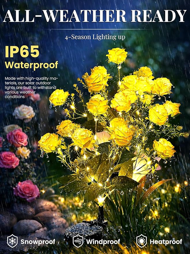 GIGALUMI Solar Lights Outdoor for Garden Decor, 4 Pack Solar Flower Lights Waterproof, 2 Lighting Modes 28 Roses for Pathway,Yard, Patio Decoration, Gardening Gifts for Women (Yellow)