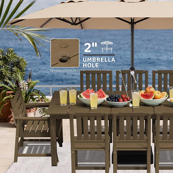 AreShark 7-Piece Outdoor Dining Set,HDPE Patio Table with 6 Armchairs,All-Weather Patio Furniture Set with Umbrella Hole,Low Maintenance Wood Grain Dining Set for Backyard,Garden,Poolside,Black