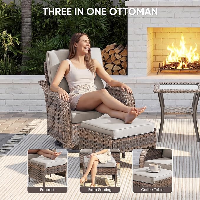 Patio Furniture Set - 6 Pieces All Weather Wicker Outdoor Furniture with 2 Swivel Chairs, 2 Ottomans 1 Sofa and Side Table, Ergonomic Design for Porch, Deck, Balcony, Garden, and Backyard(Beige)