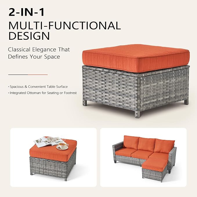 CAODOC 7 Pieces Outdoor Wicker Patio Set with 7 Seats, Including 53" Fire Pit - Swivel Rocker Chairs and Conversation Set for Backyard or Lawn, Gray Rattan with Waterproof Red Cushions