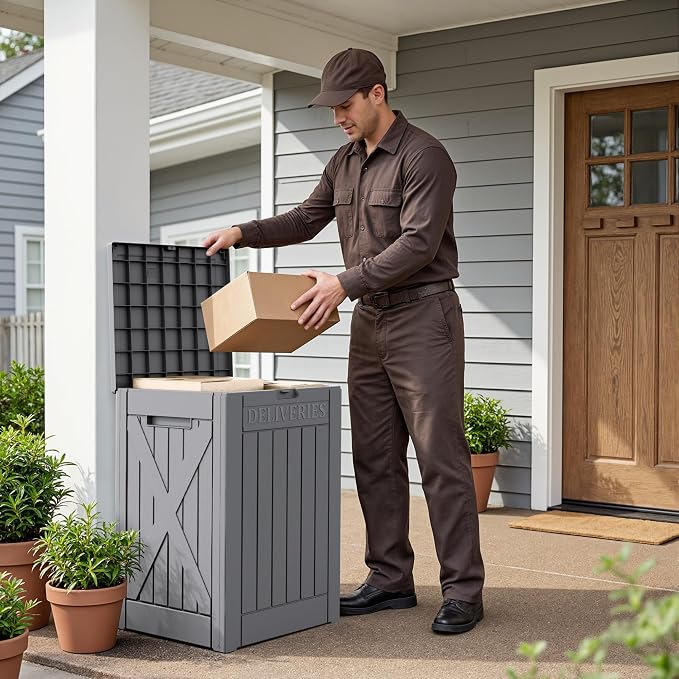 Flamaker 50 Gallon Deck Box, Package Delivery Box for Outside, Outdoor Package Drop Container for Gifts, Waterproof Plastic Storage Container with Lockable Secure for Porch (Gray)