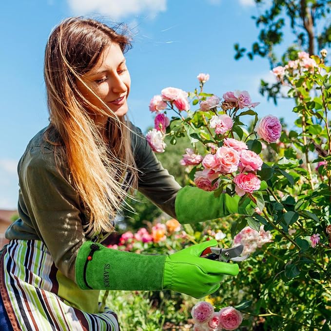 Gardening Gloves for Women Men, Long Thorn Proof Rose Pruning Glove | Womens Long Leather Garden Glove, Heavy Duty Gauntlet, Work Glove for Weeding, Yard Planting, Best Garden Gifts for Gardener