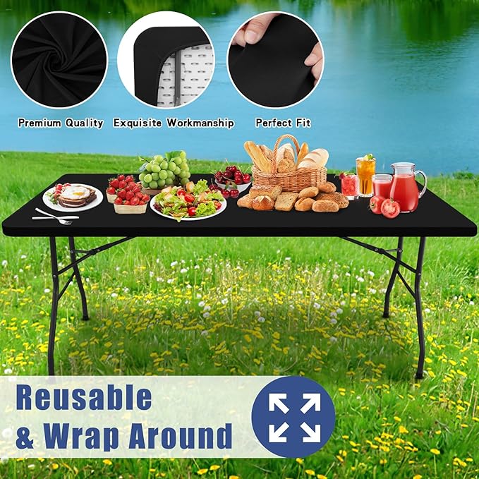 Moosfor Spandex 8 Foot Rectangle Table Cloth 2 Pack, Elastic Fitted Tablecloths for Picnic, Stretch Washable Patio Table Cover for Outdoor, Camping, Banquet and Parties (Black, 30"x96")