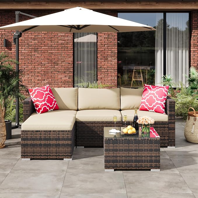5-Piece Outdoor Sectional Sofa Set, All-Weather PE Rattan Patio Furniture with Ottoman & Tempered Glass Table, Convertible Garden Couch for Backyard, Porch, Poolside (Brown/Khaki)