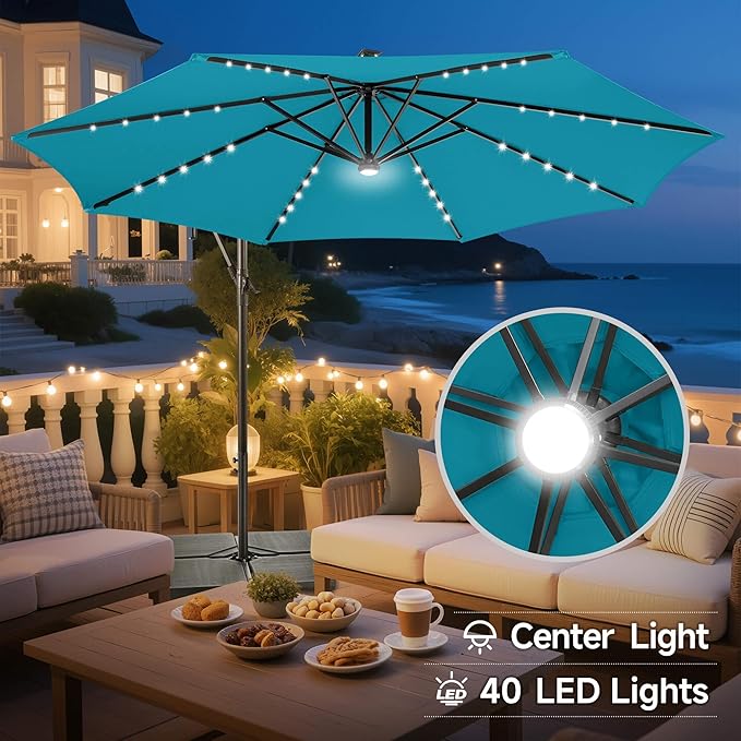 FLAME&SHADE 10ft Solar Cantilever Umbrella with 40 LED Lights, Lighted Large Offset Outdoor Patio Umbrellas, 8 Sturdy Ribs, UPF50+ UV Protection for Pool Deck Garden Yard, Aqua Blue