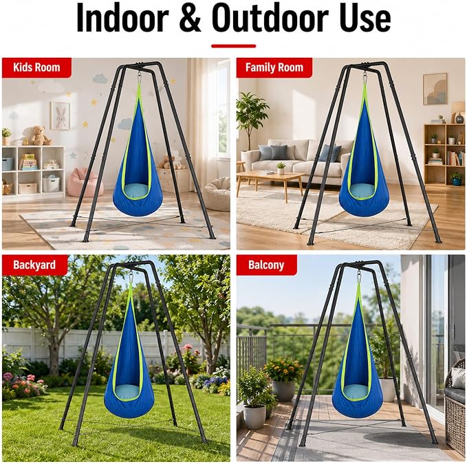 Sensory Pod Hammock with Stand, X-Shaped Anti-Tip Base, Kids Indoor Nest, Outdoor Hanging Chair, Heavy-Duty Steel Frame, Secure 330LBS Comfort, Adults Calm Relax, Family Rooms Gardens Backyards, Blue