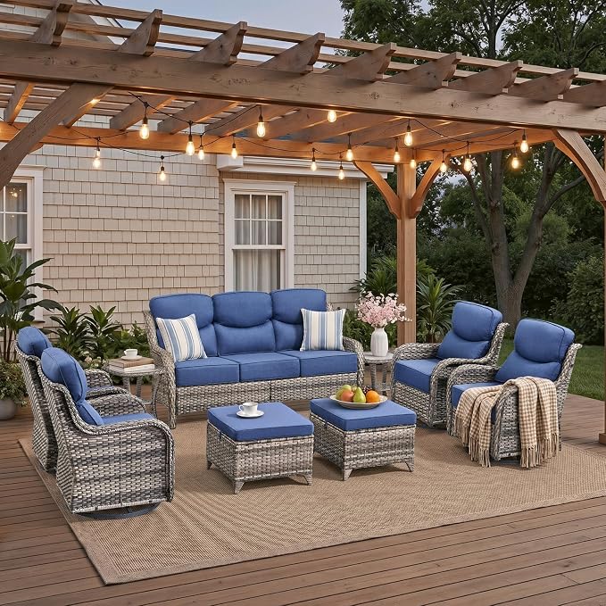 Luxury High Back Patio Furniture Set with 6-Inch Thick Cushions, 9-Pieces Outdoor Furniture with Swivel Chairs, Wicker Conversation Set for Porch, Balcony, Deck and Yard, Grey/Blue