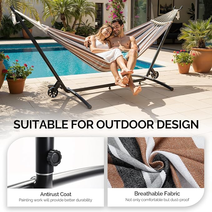 ONCLOUD Double Hammock with Spreader Bar & Heavy-Duty 9ft Steel Wheel Stand, Brazilian Hammock Set, Portable Hammock with Stand for Outside, Backyard, Camping, Includes Carry Bag, 550lb, Desert Strip