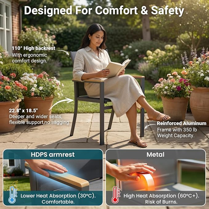 7-Pieces Aluminum Patio Table and Chairs Set, Outdoor Patio Furniture Set with Heavy Duty HDPS Rectangular Table, All-Weather Outdoor Dining Set with Quick-Drying Breathable Textilene Chairs for Porch