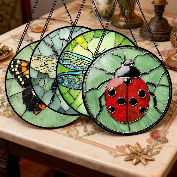 Stained Glass Window Hanging 4 Pcs Set Butterfly Dragonfly Bee Ladybug 7.8" - Suncatcher Door Garden Sun Catcher Decor Birthday Mother's Day for Mom Woman Nana Men