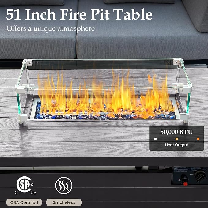 Sundale Outdoor Aluminum Patio Furniture Set with Fire Pit, 4 Piece Patio Conversation Sets with 5" Thick Cushions, Shimmer Coated Outdoor Couch with 2 Extendable Side Tables for Yard, Deck