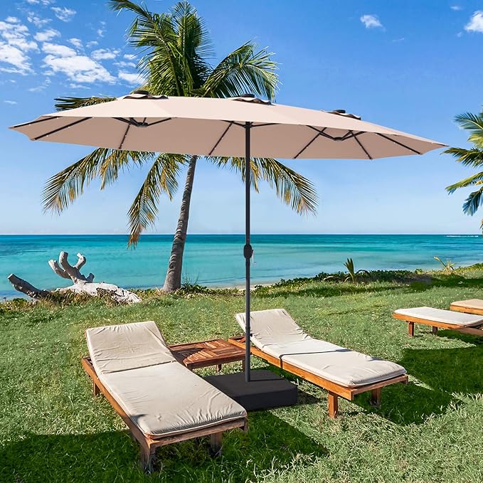 Tangkula 15 Ft Double Sided Patio Umbrella with Solar Lights, Extra Large Rectangle Outdoor Umbrella with 36 LED Lights & Crank Handle for Deck, Poolside, Garden, Backyard (Beige)