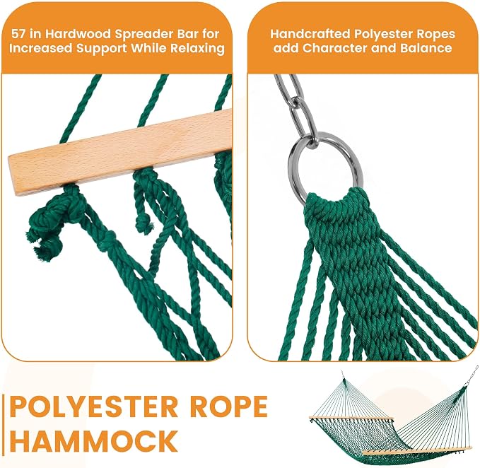 Lazy Daze Hammocks 13-FT Polyester Rope Hammock, Double 2 Person Traditional Hand Woven Outdoor Hammock with Spreader Bar, Carabiners, Tree Straps, Chains for Outside Patio- Max 450 Lbs, Green
