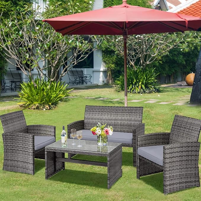 Outdoor Conversation Set, 4 Pieces Wicker Patio Furniture Set with Ergonomic Curved Design, Patio Chair Set with Water-Resistant Cushion & Tempered Glass Table for Balcony, Porch(Gray)