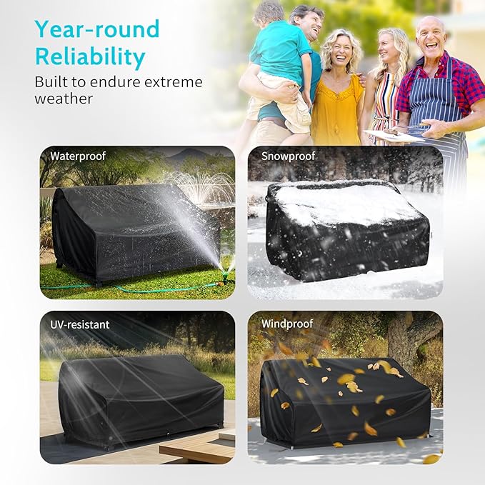Waterproof 88W×40D×33H Outdoor Sofa Cover - Heavy-Duty 3-Seater Patio Bench Protector, Fits 86-88 Inch Furniture with Anti-Wind Straps & Air Vents, All-Weather Black