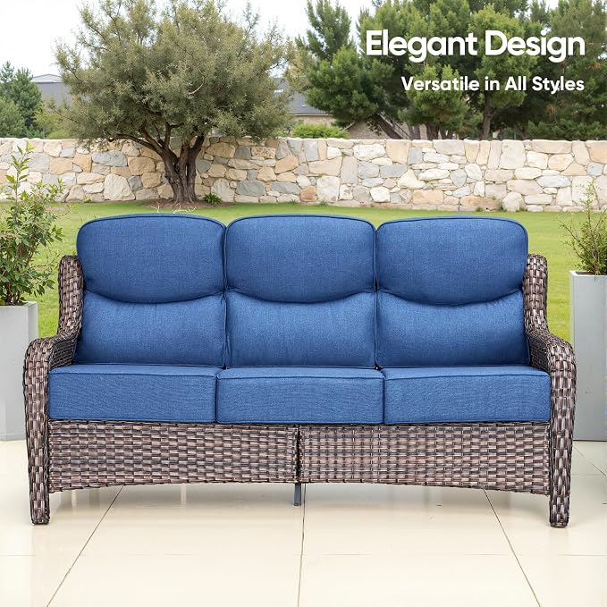 Swivel Patio Chairs sofa Set of 8 with 6" Thick Cushion - Wicker Outdoor Swivel Rocker Patio Chair ,Sofa/Glass coffee table, High Back Comfortable Outdoor Glider Chairs - Brown Wicker - Blue Cushions