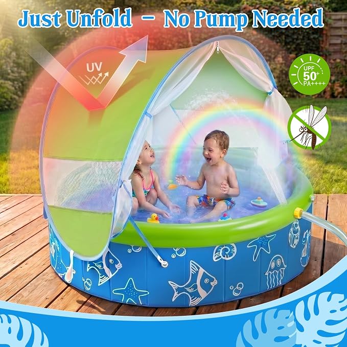 Baby Pool with Canopy, 47" x 12" Airless Foldable Kiddie Pool with UPF 50+ Sunshade, Mosquito Net, Water Sprinkler – Easy Folding & Carry for Toddlers, Infants, Backyard, Beach, Travel