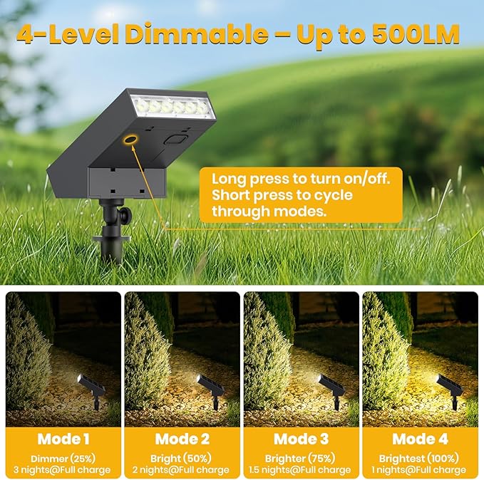 SOTTLOT Solar Pathway Lights Outdoor, Dimmable Solar Spot Light IP65 Waterproof, 500LM 3000K Solars Outdoor Lighting for Walkway Landscape Lawn Yard