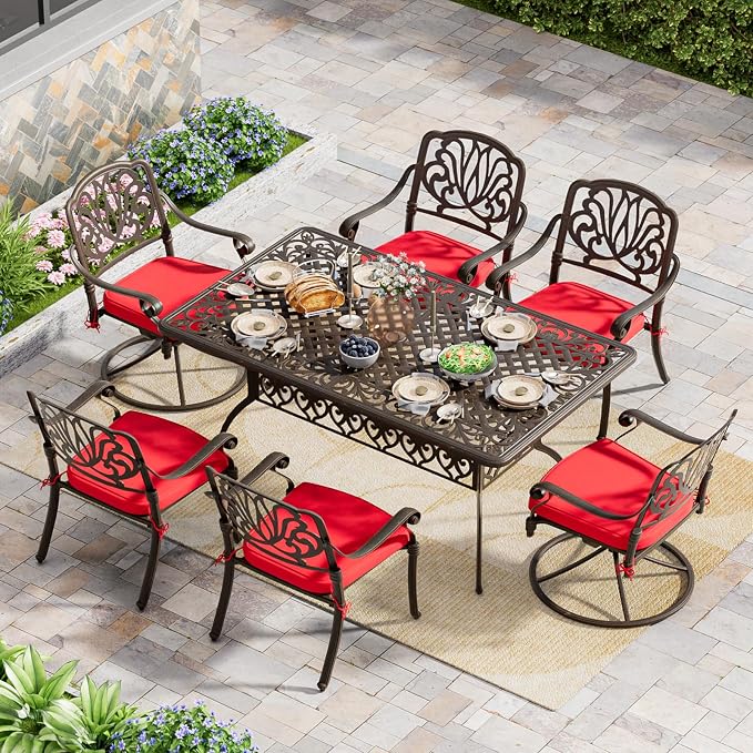 Grepatio 7 Piece Cast Aluminum Outdoor Dining Set, Patio Furniture Set with 2“ Umbrella Hole and 4 Chair & 2 Swivel Chairs with Cushions, Dining Furniture Set for Porch Poolside Garden (Red)