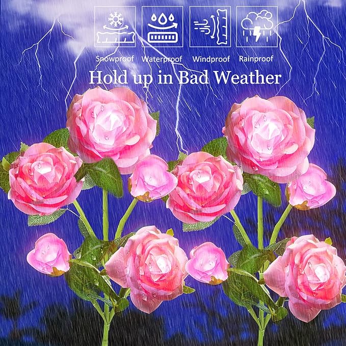 Solar Flower Lights Garden Decorations Outdoor Waterproof [Updated] 2 Packs 10 Pink Roses Solar Decorative Stake Lights for Patio Pathway Yard Lawn Decor Gifts