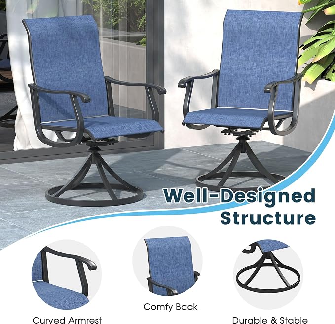 9 Pieces Patio Furniture Dining Set, 8 Textilene Swivel Dining Chairs, 60" Outdoor Round Metal Table with 1.57" Umbrella Hole, Outdoor Dining Set for Porch, Lawn, Garden, Black/Blue